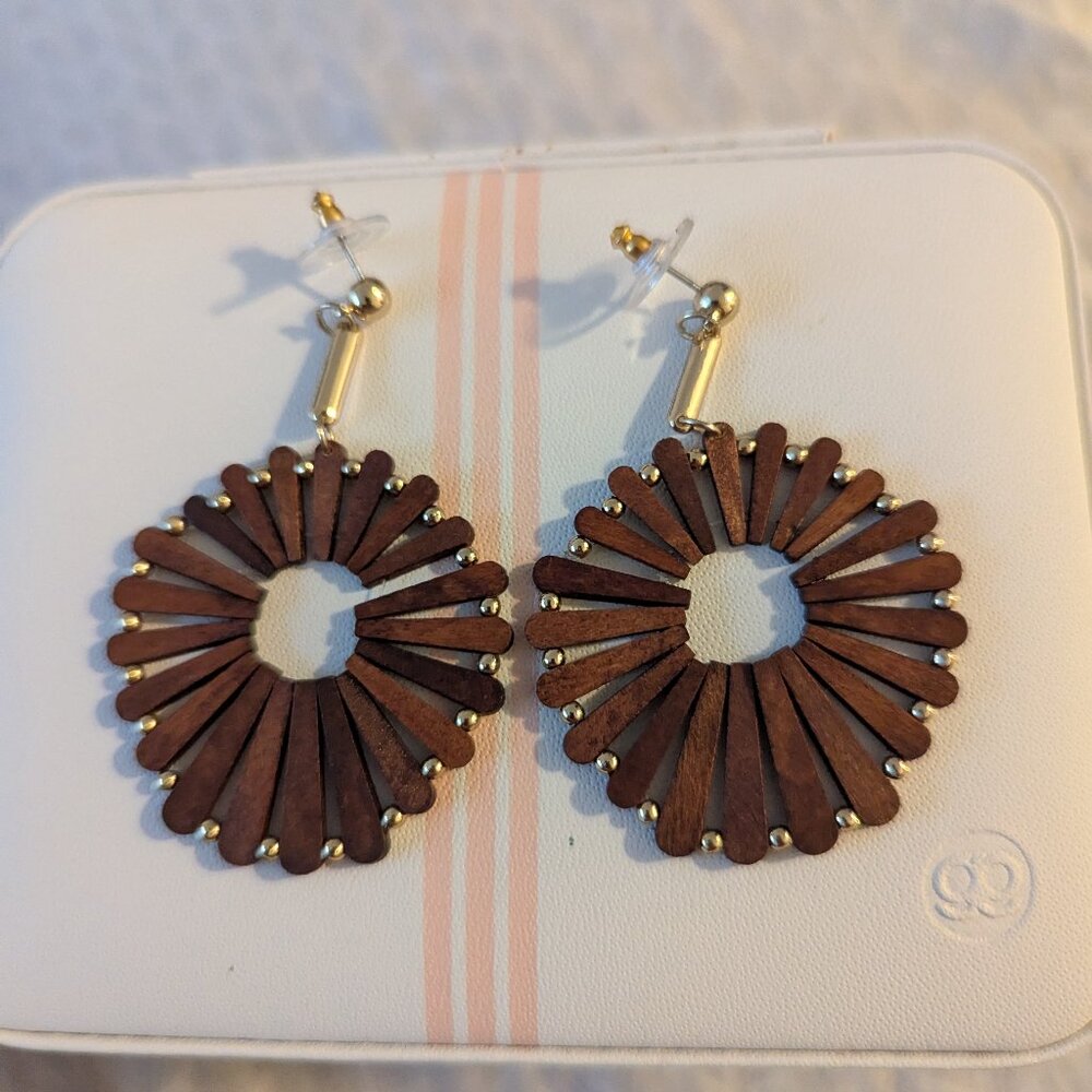 Anthropologie Wooden Windmill Drop Earrings